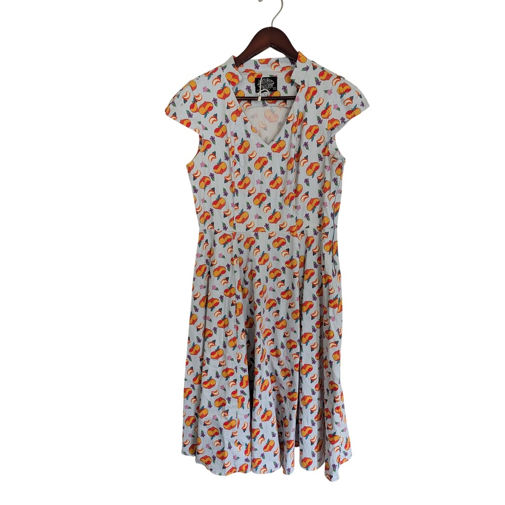 Hearts & Roses London Peach Fruit Print Rockabilly Swing Dress Blue USA 10